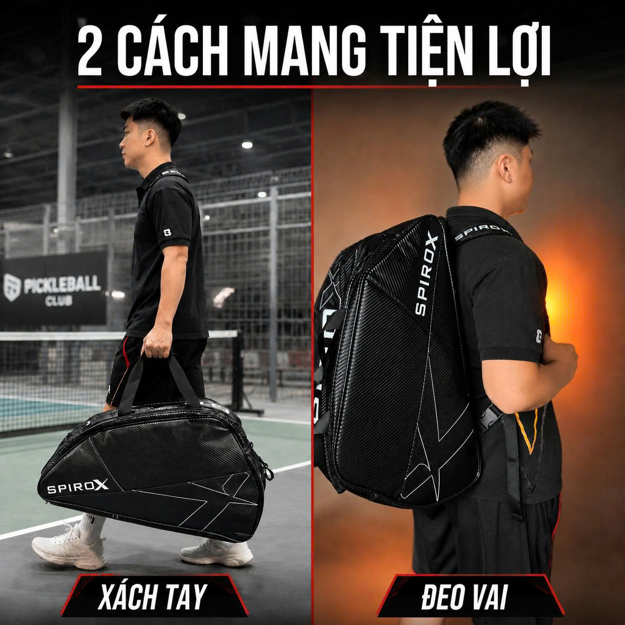 Túi Thể Thao Pickleball Spirox Carbon Tour Chính Hãng - Ngăn Đựng Vợt Riêng - Siêu Bền - Dung Tích Rộng Rãi